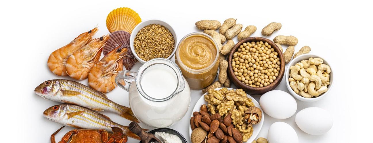 Array of common food allergens, including milk, eggs, nuts, shellfish and soy