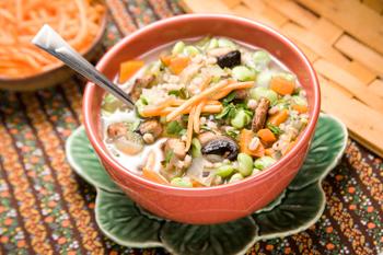 Lima bean, barley, and mushroom soup